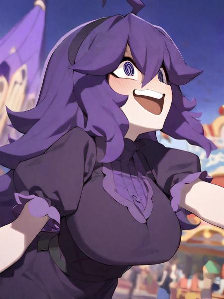 masterpiece, aesthetic, ,, newest, 1girl, <lora:hex_maniac:0.8>, HEX_MANIAC, HEX_MANIAC_COSTUME, solo, purple hair, breast, black dress, purple hair bangs, ahoge, Amusement park joy,Laughing faces