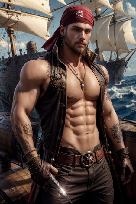 realistic, ((masterpiece)), ((best quality)), (detailed), cinematic, dynamic lighting, soft shadow, detailed background, professional photography, depth of field, intricate, detailed face, subsurface scattering, realistic hair, realistic eyes, muscular, manly, pectorals, abs, photo of a handsome man, sexypirate, dynamic pose, jewelry, belt, necklace, bracelet, earrings, bandana, vest, tattoo, gloves, holding weapon, sword, ship, barrel, ocean, beard,