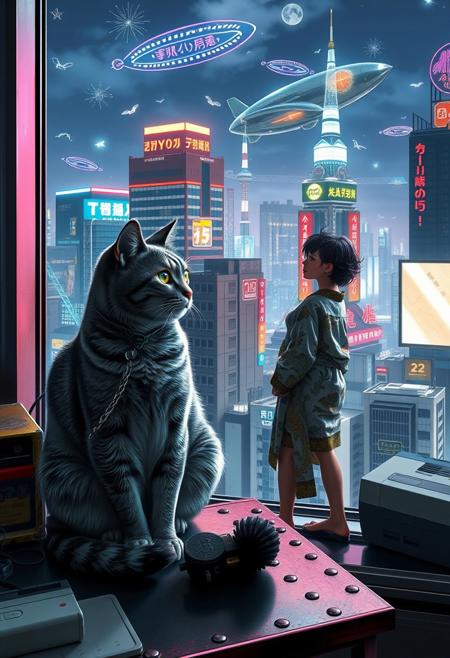 Grey tabby cat with green blue eyes sits on a cluttered metal riveted desk next to a maneki neko statue and a small Nintendo NES, the cat is looking out to a floor to ceiling window that looks out over a futuristic cyberpunk Tokyo skyline with skyscrapers, holographic advertisements, and futuristic airships covered with lights and advertisements in Japanese, a tall thin beautiful young woman, 22 years old, is standing next to the cat looking out at the city through the window, The woman is dressed in an ornate japanese style bath robe, exposing her lower legs.  The woman's hair is messy from just waking up. Artistic cyberpunk, dynamic perspective, a hologram of a woman wearing lingerie is visible on a nearby building,