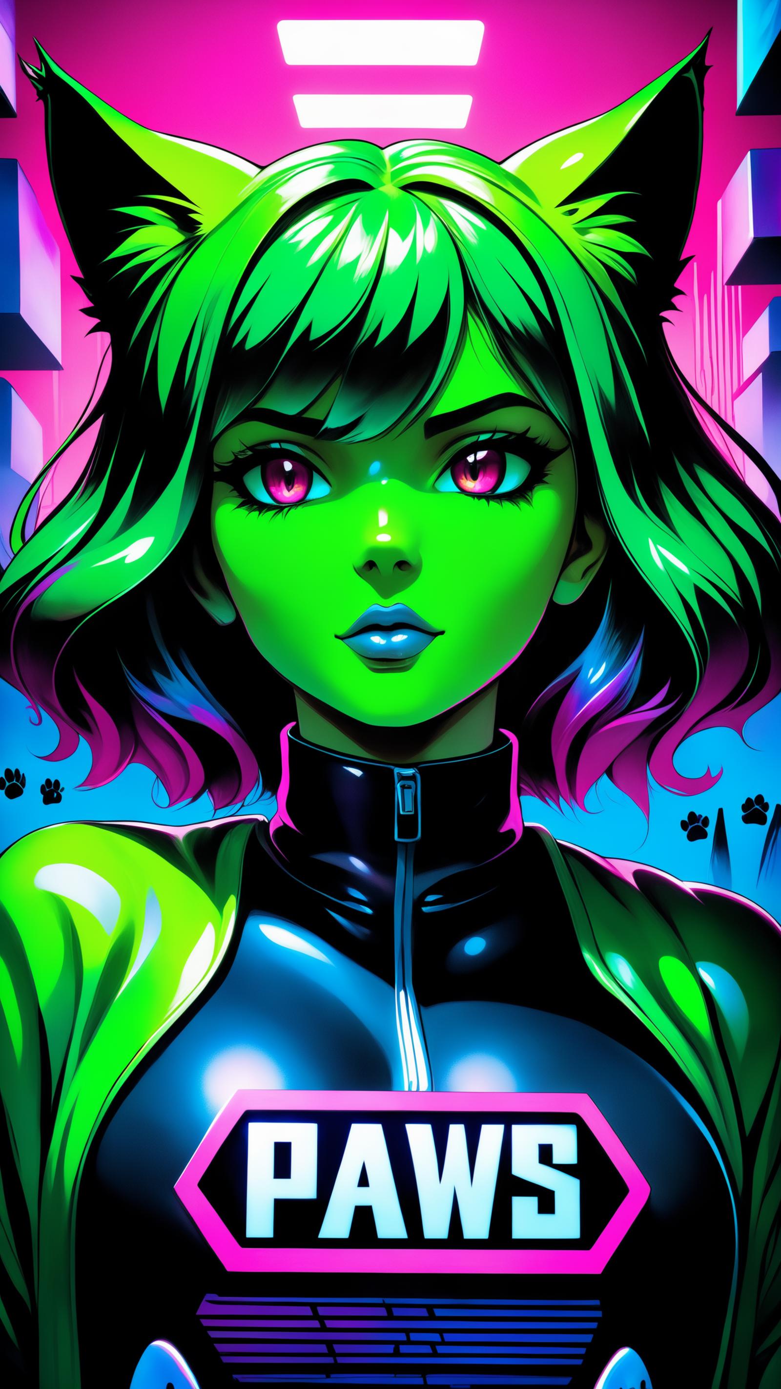 A colorful digital illustration of a female character with green hair and a black leather jacket.