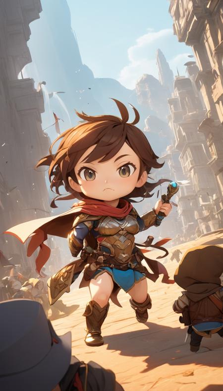 Cinematic scene, hero view, adventurers, action pose, detailed background, masterpiece, best quality, high quality, highres, absurdres, chibi <lora:nendoroid_xl_v4:1>