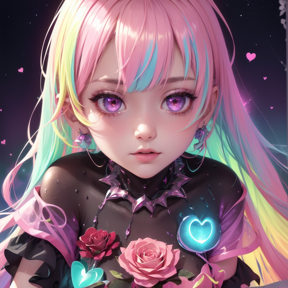 aurora behind her, down by the beach at night, anime girl with hearts, in the style of neon hallucinations, rainbowcore, d...