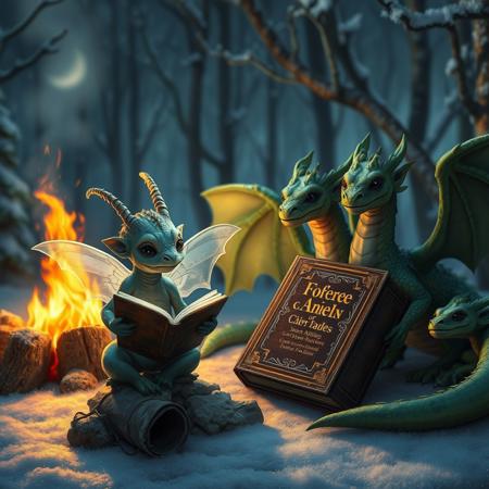 During a warm summer night an  little  magic creature with transparent wings low on the body, grey antennae and chubby neck  and chubby silhouette sitting nearby  a  big campfire and reading an just one huge old book of fairy tales with stylish cover with gold letters, sitting with a group of green dragons with dark green wings , with details, winter forest, vivid colors,  seen under an electron scanning microscope