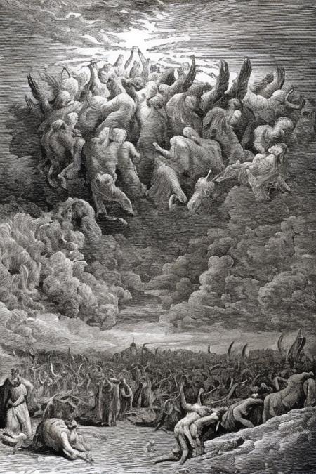 gustavedore  realistic illustration of an epic battle in the apocalypse , demons, angels  and gods , mass of corpses, a storm, god light  in the sky ,detailed, realistic, intricate, <lora:gustavedore:0.9>