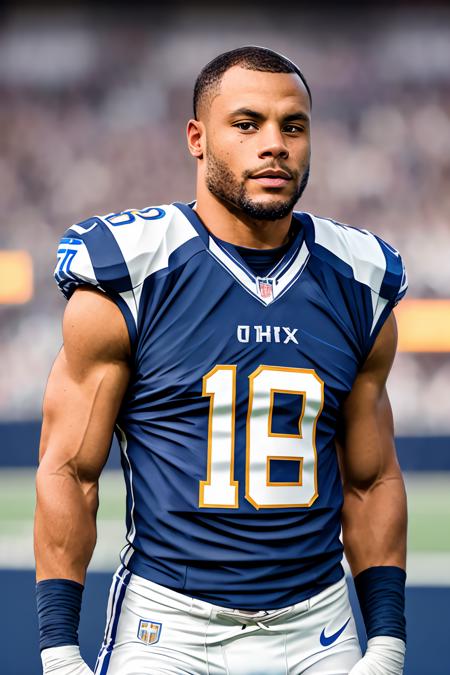 a photo of DPr35c0tt, a man, RAW, close portrait photo, (medium shot), (beard), blue and white american football clothes, stands in the background, football stadium, (high detailed skin:1.2), 8k uhd, dslr, soft lighting, high quality, film grain, Fujifilm XT3 sharp focus, f 5.6