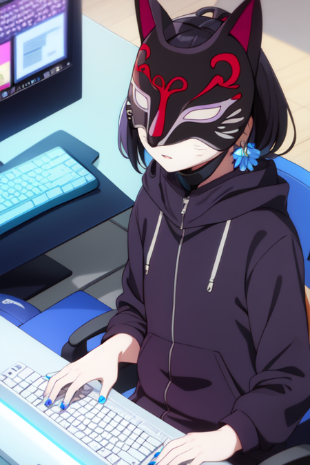 saegusayuu, computer, closed eyes, (mask, fox mask:1.25), parted lips, nail polish, keyboard /(computer/), hair ornament, blue nails