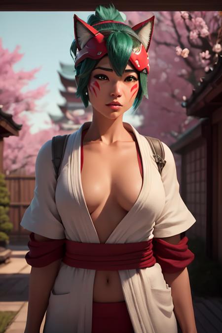 Kiriko \(Overwatch\), masterpiece, 1girl, green hair, facial mark, glowing cyan eyes, fox headband,beautiful detailed eyes, small tits, ((open robe)) , areola, ultra-detailed, perfect anatomy, looking at viewer, realistic, japanese temple with cherry blossoms, ((in_heat)), very detailed background, (masterpiece:1.4),(best quality:1.4), high-definition, <lora:kirikoOverwatch_v10:0.69>