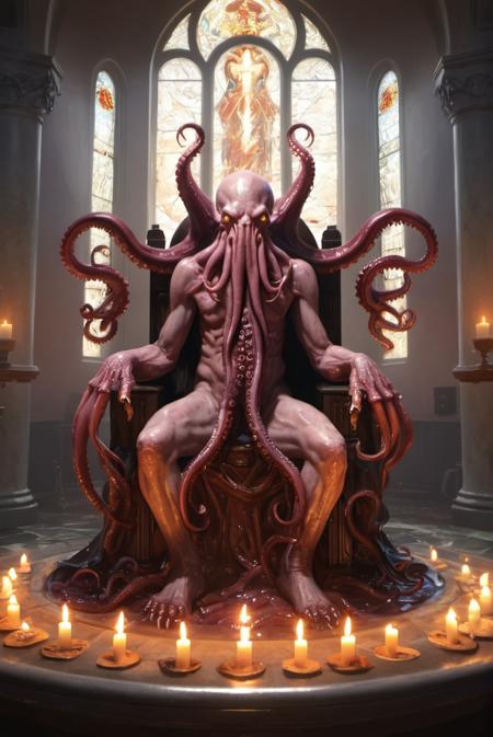 (highres),(masterpiece),(best quality),[3D character],realistic art,masterpiece,beautiful detail,oilpaint,smooth sketch,intense shadows,depth of field,wide shot,blurry background,madness,((cthulhu_mythos)),(huge_throne:1.5),(wriggling lumps of flesh:1.3),(crown:1.1),(blood vessels:1.3),(tentacles:1.3),(fire:1.2),(candle:1.15),golden hour lighting,(in the church:1.2),(dome:1.3),gorgeous:,(stained windows),light shines on the throne,