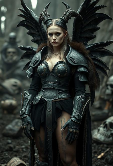 Valkyrie, heavy armour, leather sexy armour, she wears a fur capeline, black sexy clothes, relaxed standing pose, dirty black coal arms and hands, grotesque environment, extremely beautiful, by Joel Peter Witkin
