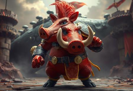 "Depict a formidable Boar Soldier in a vibrant red palette, poised for action against a Fortress Whale backdrop. The Boar Soldier's body is adorned with contrasting yellow and black accents, and it is positioned in the center of the image, with a turned head and a ready stance. should showcase exceptional quality, intricate details, harmonious colors, and a captivating lighting setup. Convey a powerful message, joyful impact, and beautiful detailed eyes, aiming for a well-timed moment, impeccable composition, and dynamic action pose. Intend for this artwork to trend on ArtStation and CGSociety, highlighting the artist's skill in handcrafted precision, sharp lines, brush strokes, and vivid emotions,4k."