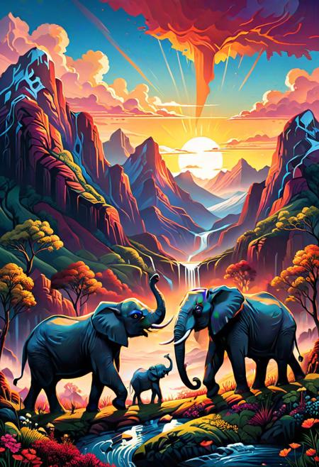 Vibrant and dynamic illustrations and vectors, bursting with color and life, offer viewers a visual feast for the eyes.. a group of elephants standing in front of a mountain, dan mumford. maya render, photorealist, sunshine lighting high mountains, paisley, journey, elephants. These high-quality images are a celebration of creativity and artistry, showcasing the talent and skill of the artist behind them.