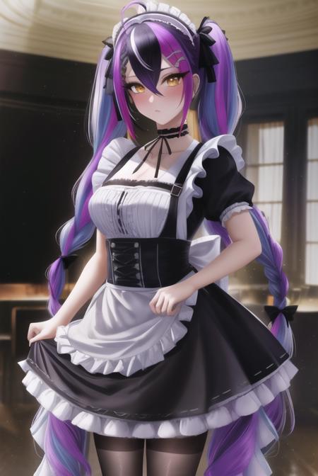 <lora:fanfoxy:0.8>, fanfoxy, masterpiece, best quality, 1girl, solo, braid, streaked hair, yellow eyes, long hair, maid, multicolored hair, apron, maid headdress, dress, pantyhose, ahoge, purple hair, looking at viewer, short sleeves, bangs, frills, grey hair, alternate costume, black dress, choker, very long hair, blush, black choker, white apron, twin braids, full body, standing, enmaided, hair between eyes, frilled apron, ribbon, maid apron, indoors, twintails