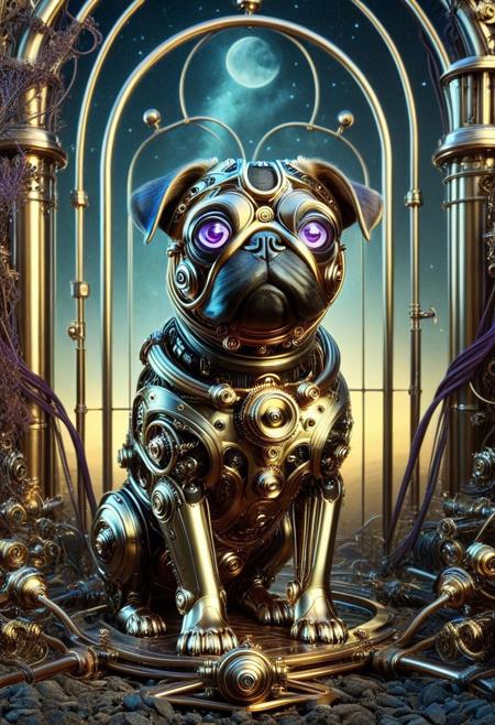 score_9, score_8_up, score_7_up, score_6_up, score_5_up, hyper-realistic, 
mechanical pug puppy made out of qu4ntum, intricate mechanical enhancements, robot, steam punk, clockwork, cyberpunk, puppy focus, somber, purple glow, autumn, cold, steampunk background being overtaken by qu4ntum, black vines, night time, night sky, abandoned and silent background, A calm meditative mood enhanced by the soft glow and deep shadows. Ls. industrial, honeycomb pattern etched into ground, ruins, dark, haunted, industrial,
qu4ntum