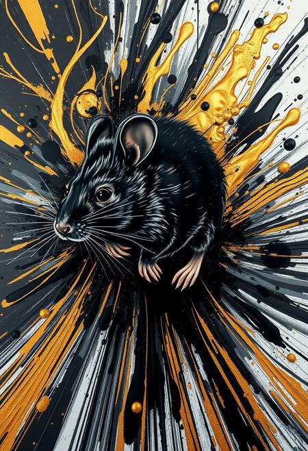 A hyper-stylistic, extremely detailed image depicts a breathtaking painting, crafted from a combination of smeared black and gold metallic paint. A mouse is captured in a streaked motion, as if it is moving rapidly in one direction. The black paint is applied in bold, dynamic strokes, creating a sense of energy and movement that is contrasted beautifully by the golden accents. The gold paint is used to highlight the mouses features, adding a sense of depth and dimensionality to the image. The overall effect is one of breathtaking, surreal dynamism, as if the viewer has captured a fleeting moment in time. Every detail of the image is meticulously crafted, from the delicate, swirling patterns of the gold paint to the intricate, textured patterns of the black paint. The contrasts between light and dark, color and texture, create a sense of tension and energy that draws the viewer in, inviting them to explore the kinetic world of the painting. highest-Quality, intricate details, visually stunning, Masterpiece