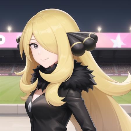 <lora:character_pokemon_cynthia_v2:0.5> (stadium), night, 1girl, character_pokemon_cynthia, solo, portrait, straight-on, from side, hair over one eye, looking at viewer, smile, closed mouth, fur-trimmed coat, fur collar, hair ornament