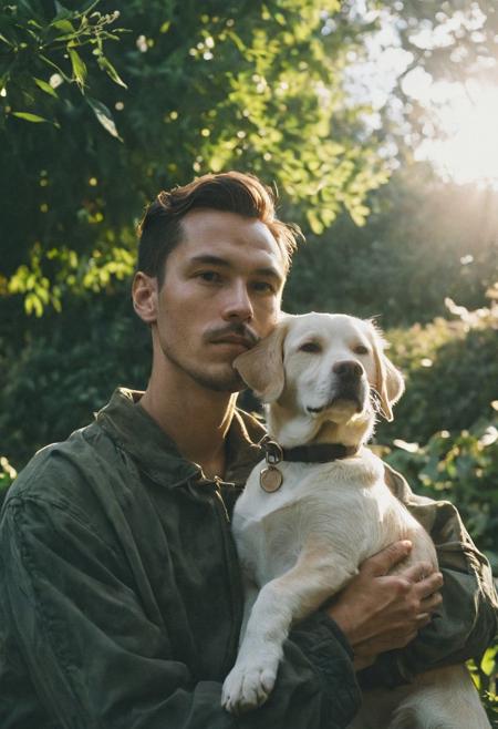 cinematic film still fashion photography portrait of 1man with dog as companion, grainy, headshot, sunlight , Fine Art & Beauty Photography – ,,light diffraction in frame, dreamy,hazy look.  Helios 44-2 lens mounted on a Praktica MTL 5B Helios 44M-4 lens, 58mm f/2,   in a garden.