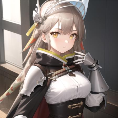 ((masterpiece)),(best quality),official art,extremely detailed CG,unity 8k wallpaper,ultra detailed,perfect lighting,1girl,solo,upper body,(portrait:1.2),fartooth (arknights),bangs,black cape,black shorts,brown hair,eyebrows visible through hair,feather hair,gauntlets,grey footwear,high-waist shorts,long hair,long sleeves,looking at viewer,medium breasts,thigh boots,thigh pouch,thigh strap,visor (armor),white shirt,yellow eyes,<lora:Fartooth(ark)>,