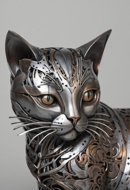 Product photograph, natural lighting, a metal artwork of a cat, detailed