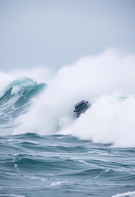 car surfing on huge ocean waves, cloudy weather, water splashes, car driving on waves