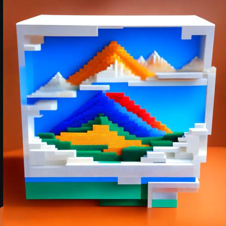 (boxedfuture style:1) a computer screen made out of legos with mountains and water in the background <lora:djzBoxedFutureV21_LoraBooth:1>