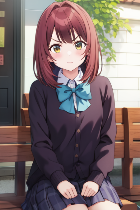 inazukinozomi, skirt, long sleeves, outdoors, portrait, sitting, bow, v-shaped eyebrows, standing