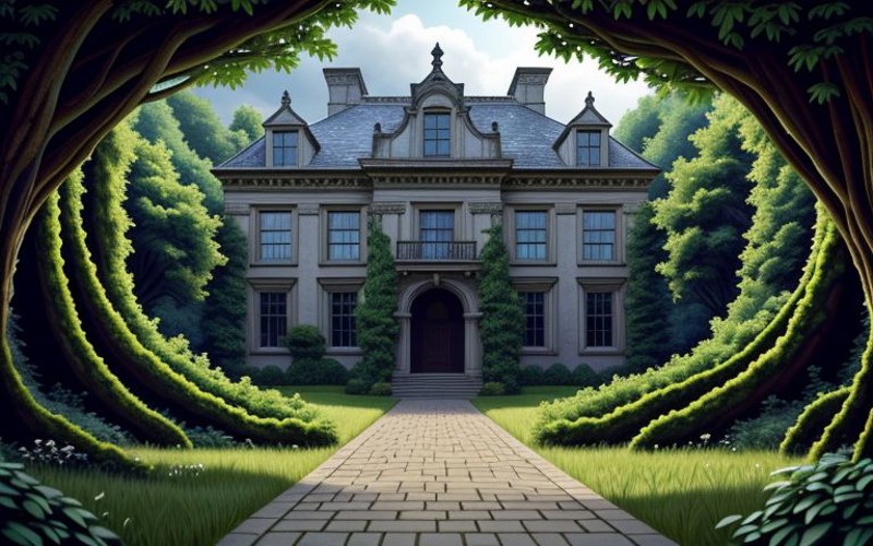 extremely detailed, incredibly absurdres, dramatic, dynamic shot, XD-Scene, 
an overgrown country estate,