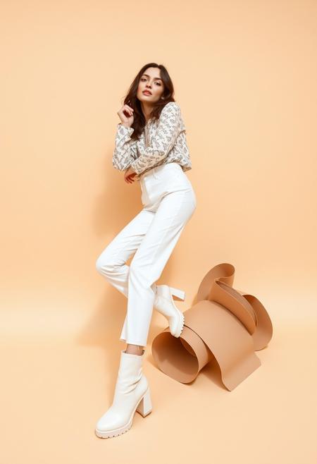 A fashion photoshoot featuring a model in a playful pose on a light beige background. The model is wearing white pants and a patterned top, with white boots. There are abstract rolled shapes next to the model. The overall lighting is soft and diffused, creating a calm yet slightly quirky atmosphere, ray tracing, photorealistic compositions, wide lens