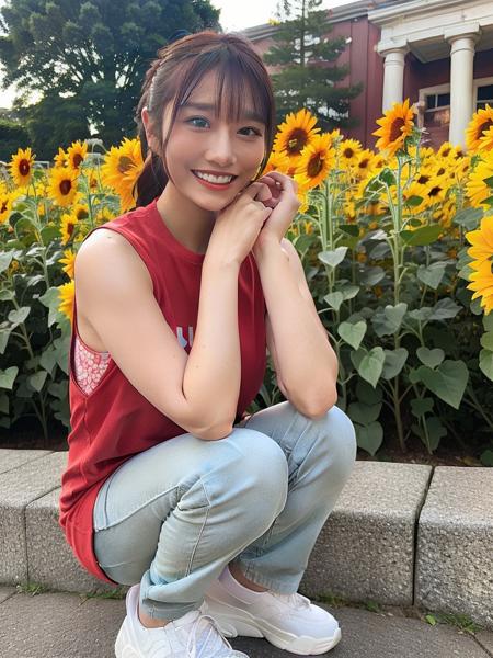 flower, smile, 1girl, squatting, brown hair, outdoors, looking at viewer, realistic, solo, pants, grin, sunflower, ponytail, shirt, day, brown eyes, blue shirt, sleeveless, own hands together, long hair, shoes<lora:Saika_Kawakita_v10:0.8>