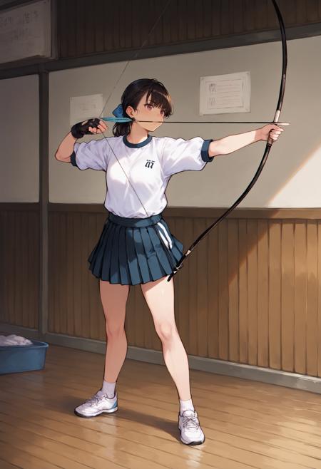 kyudo-aiming,aiming,arrow (projectile),bow (weapon),drawing bow,holding arrow,holding bow (weapon),partially fingerless gloves,yugake,