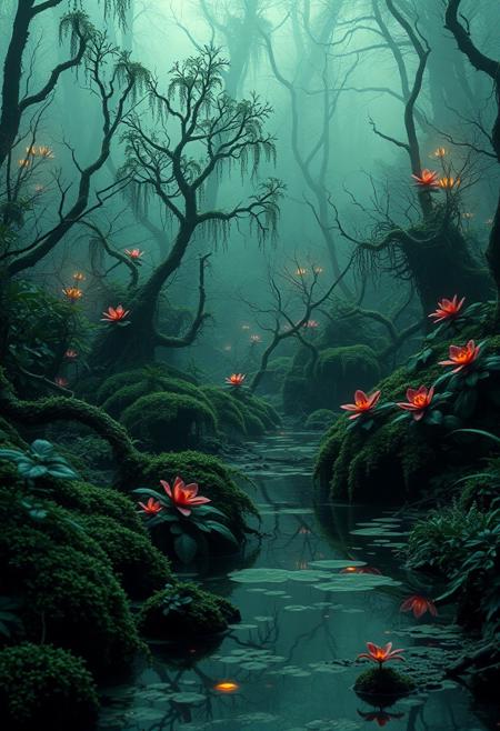 stark swamp lighting, (low quality:-1.2), (smooth surfaces:-1.4), (emphasis on sharp geometric forms:1.6), (overloaded multichromatic colors:1.6), dystopian vibe, (noisy:-1.1), brutal edges, (bad composition:-1.3), psychedelic tones, infinite geometry in foliage, fractured geometry, recursive shapes in the landscape, (disjointed anatomy:-1.3), (polished:-1.3), photorealism, (cartoonish:-1.1), rigid structure, saturated hues, (overly ornate:-1.5), intricate fractal structures, fractal patterns in moss, sculptural appearance, (blurry:-1.2), neon glow from bio-luminescent plants, (ugly:-1.3), unsettling, primal aesthetic, fragmented reflections in water, high resolution, interlocking vines, minimal details,angular shapes, (soft lighting:-1.2), intersecting planes of water and plants, exaggerated features