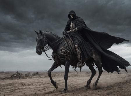 black_horseman,(long cape in the wind:1.6),(skeletal_rider:1.5),(bones:1.2),red glowing eyes,apocalypse,famine,bleak_landscape,black sun,gloomy_sky,deep_black_horse,scarcity,scales,(tattered_garments:1.3),wind,dry_cracked_ground,barrenness,desolation,deprivation,skulls on the ground,
<lora:add_detail:0.8>,