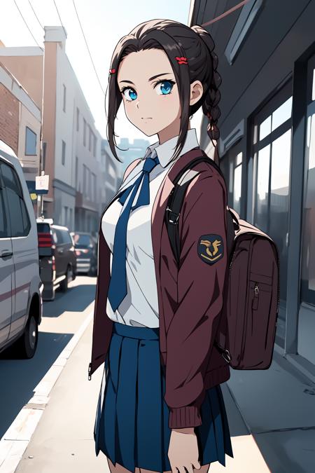 (RAW photo, best quality), 1girl,  natural lighting, outdoor, school,
 <lora:srw_og_rio_mei_long_v1_2-000003:1>, srw_rio_mei_long, 
school bag, jacket, ribbon, school uniform,