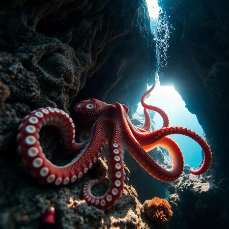 a very detailed close picture of a n octopus underwater near an intricate rock formation, sunlight pasing throw water