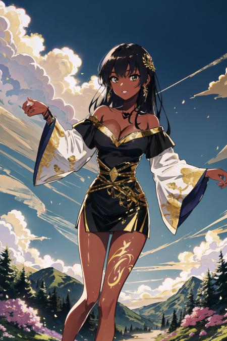 ((masterpiece,best quality)) amazoness, dark skin, gold tattoos, black hair, 1girl, happy, the whole body, Thigh length,slender waist, long hair, outdoors,cloudy weather,Trees, flowers, summer, (off shoulder)