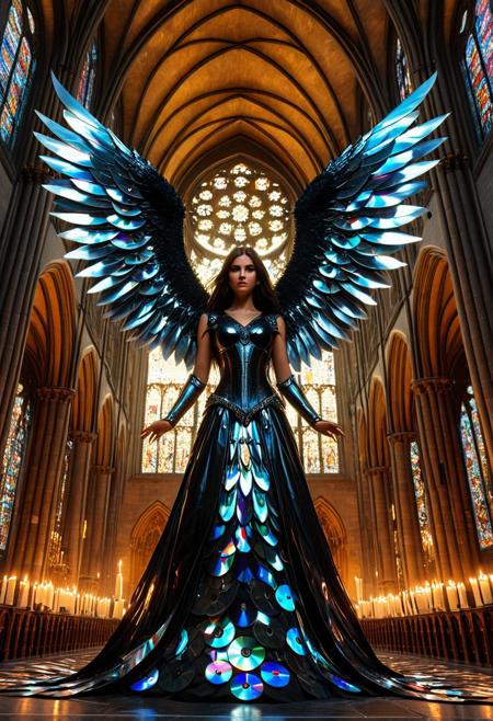 An epic dark fantasy illustration of a dark angel made of cd's, her wings and armor forged from iridescent CDs that catch the flickering candlelight of a grand gothic cathedral. She hovers above the altar, her expression serene yet ominous, as if judging the souls below. The cathedral's vaulted ceilings and stained glass windows add depth and solemnity to the scene, while the CDs give her an ethereal, shimmering glow
