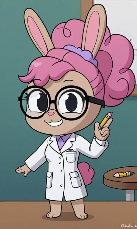 DrAnnabelle, 1girl, anthro bunny, light brown fur, pink nose, pink curly hair, ponytail, pencil stuck in hair, light purple scrunchie, black eyes, round glasses white lab coat, light purple undershirt <lora:DrAnnabelle:1>