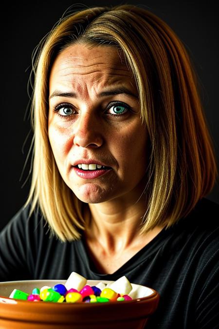 photorealistic photo of an American blonde woman causing a feeling of nauseating unease and eeriness. She is scared and offering candy from a  bowl containing all kinds of sweets, like chocolate bars. menacing, creepy, sharp_teeth, dark background. Staring into your soul with glowing eyes. 
charturnerv2, pureerosface_v1, scared expression,