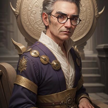 No-body3 wearing thick glasses with big eyes,Best quality, masterpiece, ultra high res, (photorealistic:1.4), a man in intricated purple robe,an emperor, sitting on the dragon throne, detailed skin, cinematic lighting, surprised look on his face