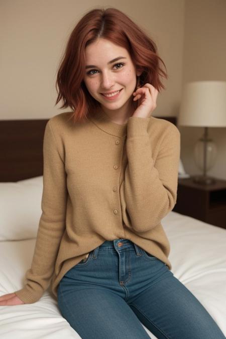 photograph of a cute girl, Porta 160 color, shot on ARRI ALEXA 65, bokeh, sharp focus on subject, shot by Don McCullin, nsfw, (closed mouth:1.2), warm even lighting, nsfw, sitting on a bed, in a bedroom,1girl, solo, breasts, bob cut, short red hair, smiling, hands behind head, brown eyes, huge breasts, (giant areola, tits out, plump full saggy breasts:1.2), pale skin, freckles covering face, freckles covering breasts, blushing, jeans, red button-up shirt, nagatiti.