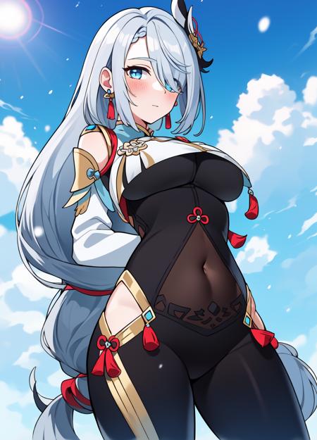 ((masterpiece)), (best quality:1.7), (detailed:1.4), (high res:1.4), 8k, (colorful:1.5), ((2d)), high resolution, sharped image, 4k, hd, shenhe_genshin, 1girl, (((solo))), ((grey hair)), (((light blue eyes))), long hair, (very long hair), ((hair over one eye)), ((braided ponytail)), ((((face focus)))), (((arms on air))), (small breasts), ((middle body)), (((cowboy shot)))), ((white breasts)), ((((breast courtain)))), blush, looking at viewer, bodysuit, long sleeves, shoulder cutout, covered navel, clothing cutout, black gloves, jewelry, partially fingerless gloves, ((hip vent)), earrings, tassel, chinese clothes, curvy body, ((white bodysuit)), (big hips), (character focus), serious, (((on fram))), snow, forest, sun, sky, clouds, ((white chest)), hair ornament,  ((((breast large courtain)))), (from below), <lora:shenhe_genshin:0.6>, <lora:thickerLinesanimeStyle:0.6>