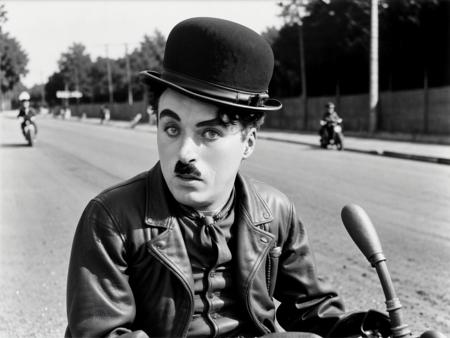 <lyco:Charlie Chaplin_v1.0:1> Charlie Chaplin, (riding a motorcycle:1.2), (wearing a leather jacket:1.2) and white t-shirt, sharp, bokeh, candid shot, realistic, film grain, colorized, vivid colors, side view