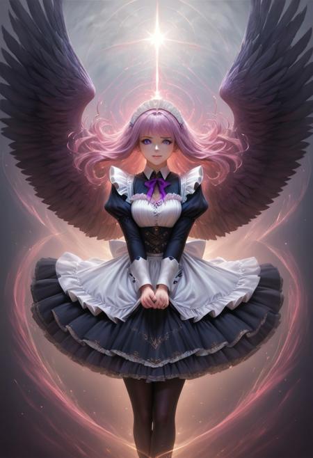 rating_safe, lazyup, AngelicStyle,  CivChan, purple eyes, powerful expression, maid's outfit over a black bodysuit, massive intricate feathered wings attached to back, gilded with gold, pink shoulder-length hair flowing in the wind, ethereal light, dreamy twilight sky, dynamic pose, mid-air leap, anatomically correct wing placement, 3/4 view, high detail, fantasy art, digital painting, movement blur