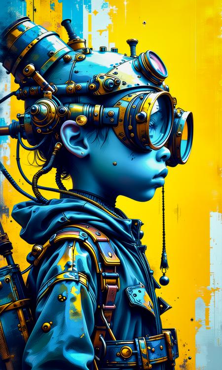 ORIGINAL PROMPT: Crisp neo pop illustration, near monochromatic complementary colors scheme, whimsical surrealistic background.
A whimsical depiction of a precocious steampunker.
PRODUCTION PROMPT: Original prompt was used. <lora:cg_concept_style:0.64> <lora:dr_diffusion_negative-detail_enhancer_pnte_2_0:-0.42>