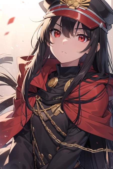 oda nobunaga, black hair, long hair, (red eyes:1.5), chain, cloak, family crest, gloves, grey gloves, hat, military, military hat, military uniform, peaked cap, uniform, red cloak,