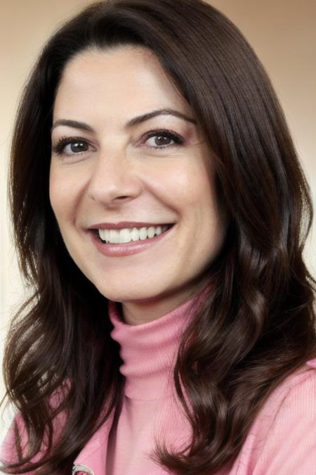 Photo of beautiful an4pp4dr40 woman, detailed face smiling , (blurred background)+, pink turtleneck blouse