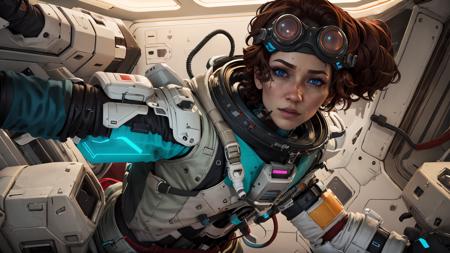 masterpiece,  best quality, 
(solo), 1girl, look sideways, dim light, 
Horizon_\(apex legends\), scientist, goggles, blue eyes,perfect face, brown hair,  headwear, (freckles:0.5), 
(science_fiction), spacecraft interior, universe, neon lights, cyberpunk,