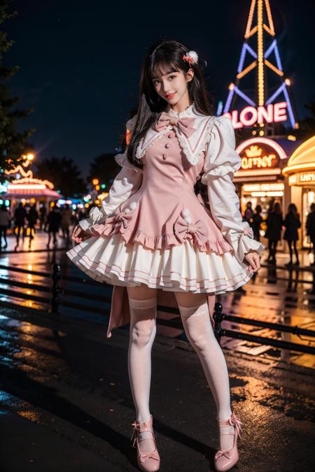 best quality, masterpiece, photorealistic, 1girl, solo, long straight black hair, blunt bangs, looking at viewer, full body, cyb dress, pink dress, long sleeves, puffy long sleeves, bow, white thighhighs, mary janes, amusement park, people, colorful, neon light, <lora:cute_dress_style1_v1:0.7>