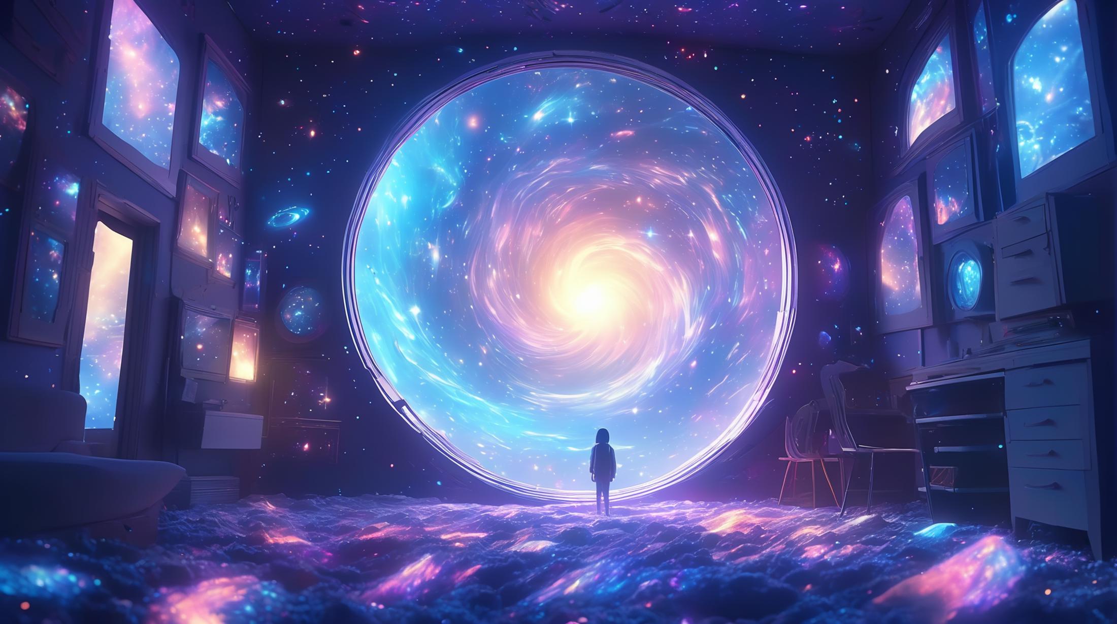 A young girl standing in front of a large, colorful spiral galaxy poster.