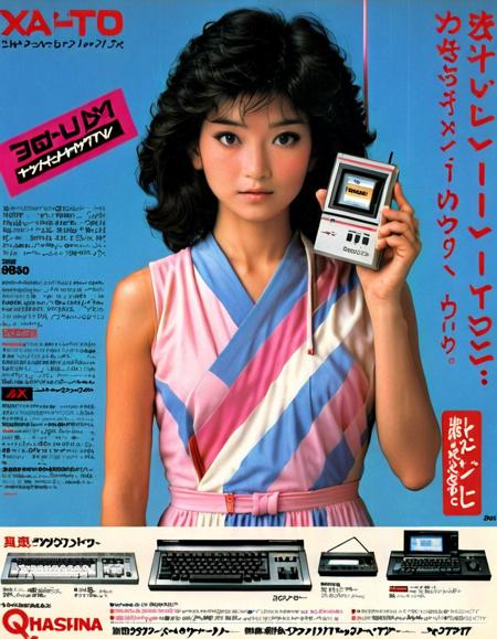 Visualize a classic 1980s Japanese electronic advertisement. At the forefront, a woman with the quintessential style of that era: big wavy hair, vibrant makeup with bold eyeliner, and a pastel-colored dress that complements her complexion. She holds the featured electronic product, perhaps a new-age cassette player or a portable TV, with an expression of awe and fascination, highlighting its cutting-edge technology. The product is displayed prominently but is secondary to the woman, reflecting the trend of that time where advertisements often used models to promote consumer products. Behind her, there's a soft gradient background in pastel hues, possibly pink or sky blue, infused with subtle geometric patterns or neon lines, capturing the aesthetic of the '80s. The brand's name is written in a bold, metallic font, and there are Japanese characters detailing the product's features and price, styled in a retro typeface, <lora:jp80:0.75>