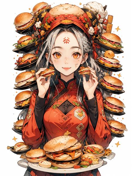 HEZI, 1girl, food, solo, holding, eating, plate, looking at viewer, blush, jewelry, long hair, chinese clothes, grey hair, holding food, earrings, upper body, smile, long sleeves, dumpling, red eyes, meat, braid, breasts, orange eyes, food on face, burger, red headwear, cheese, closed mouth, facial mark, red dress, holding plate, bangs, pizza, forehead mark, chicken \(food\), dress, hat, medium breasts, sidelocks, hair ornament, hair intakes, hands up, wide sleeves<lora:çå­ç³»åââåè´§å¥³å­©:0.65>